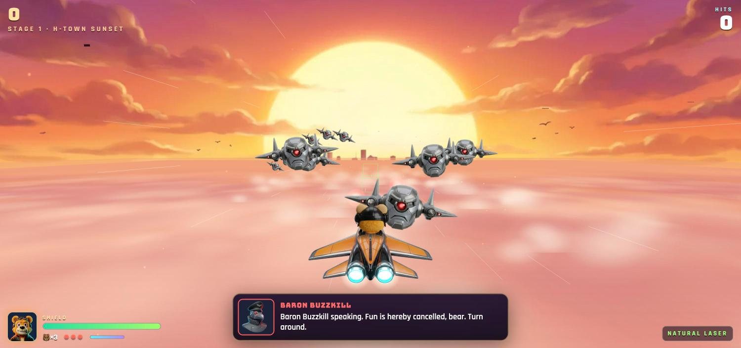 Slappy Tha Bear in his orange starfighter facing the Buzzkill Armada over H-Town at sunset