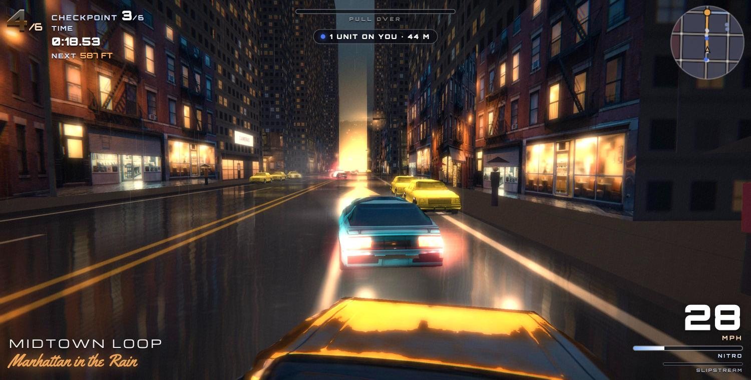 Manhattan in the Rain: racing between yellow cabs on a wet Midtown street at night