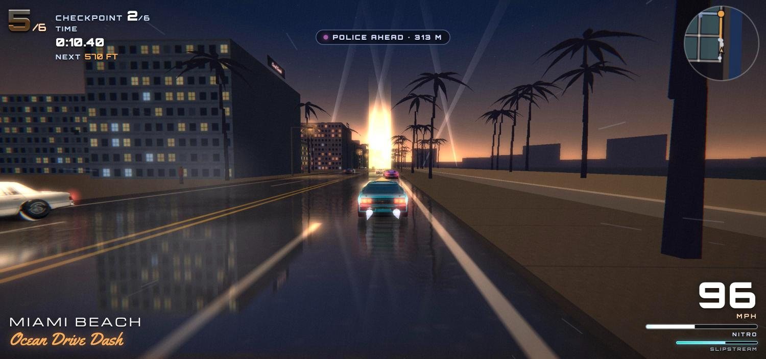 Ocean Drive Dash: palm trees and a searchlight sunset on Miami Beach