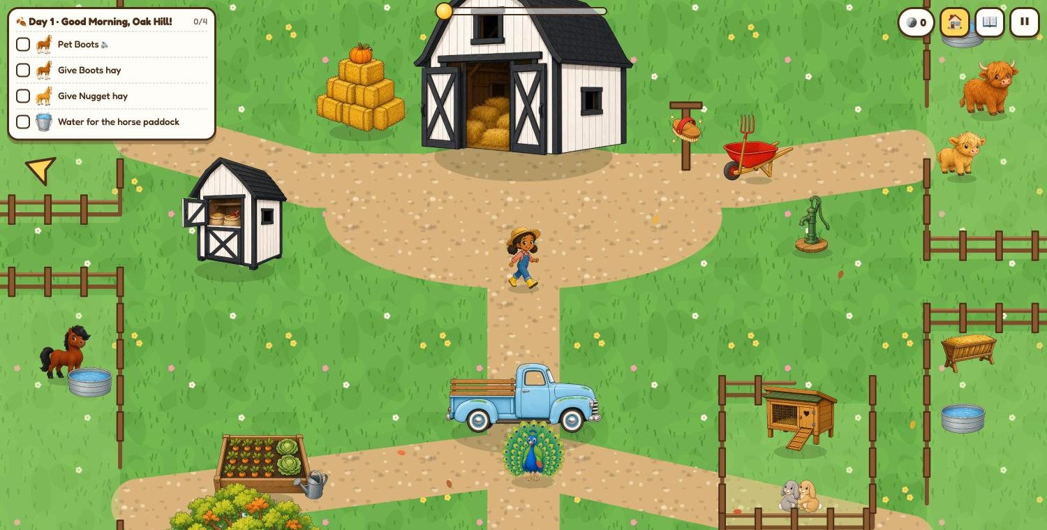 Day 1 at Oak Hill Farm: the farmhand by the big white barn, the blue farm truck, Peter the Peacock and the Highland cows