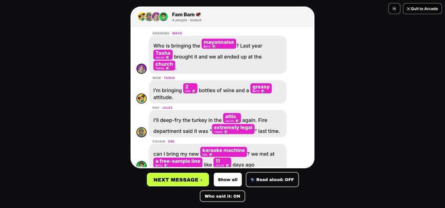 A leaked group chat playing out bubble by bubble, with the players' blind answers filled in