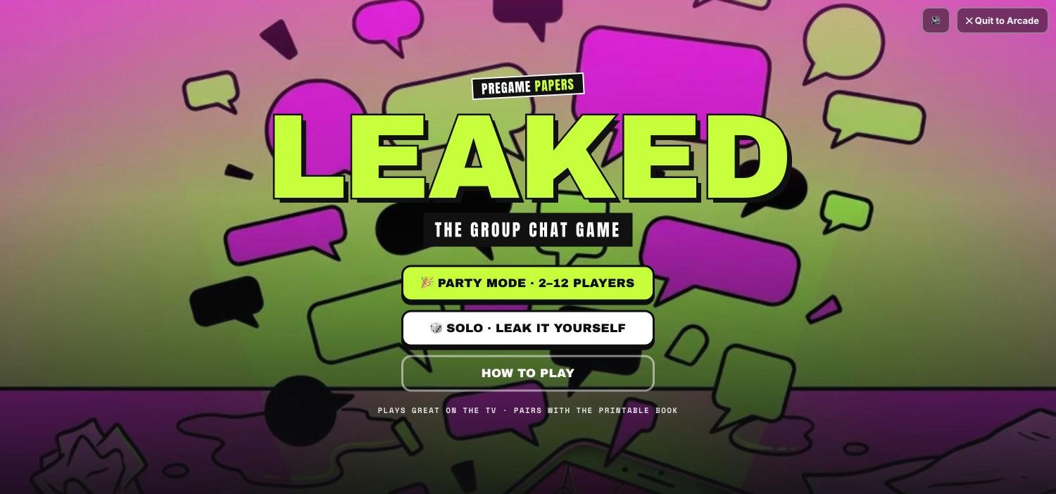 The Leaked title screen: The Group Chat Game, party mode for 2 to 12 players