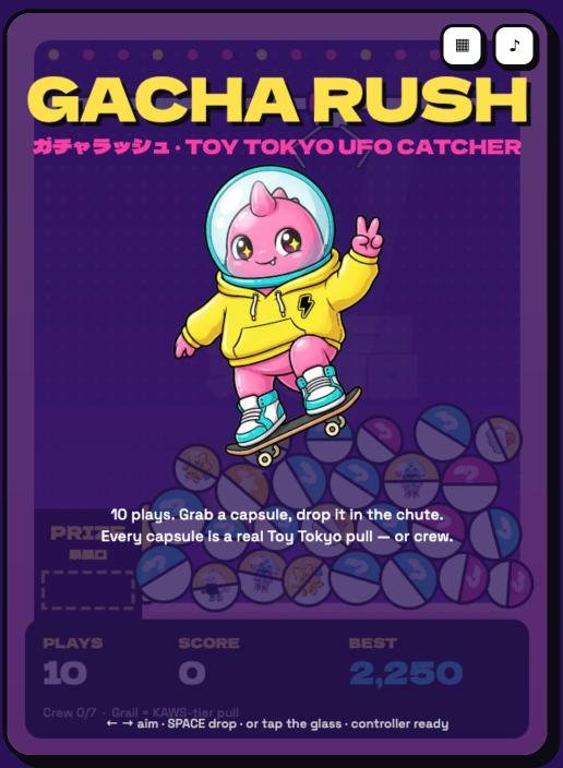 Gacha Rush title screen: MOKO on a skateboard above a pile of capsules in the claw machine